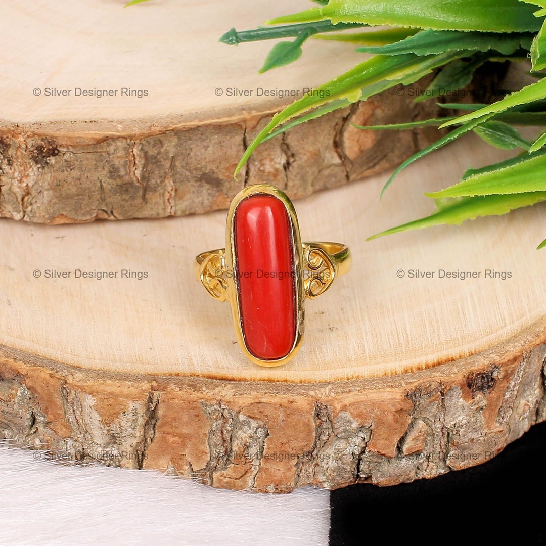 Red Coral Sterling Silver Ring • Long Oval Stone, Gold-plated - Etsy