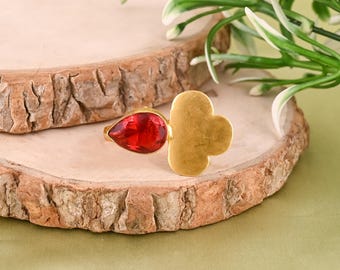 925 Sterling Silver Ring Garnet Gold Plated Wide Band Boho Artisan Jewelry Gift