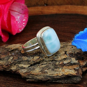 Larimar Cushion Stone Ring: 925 Sterling Silver Designer Band