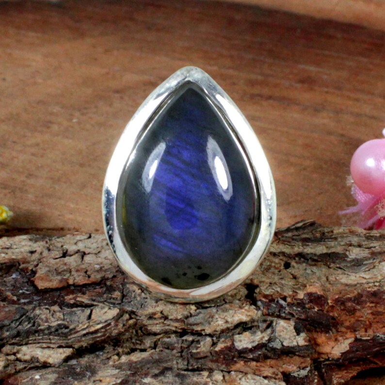 Gypsy,Dainty Ring Blue Fire Pear Silver Ring Statement Pear Labradorite Gemstone Labradorite Ring 925 sterling Silver Adjustable Band