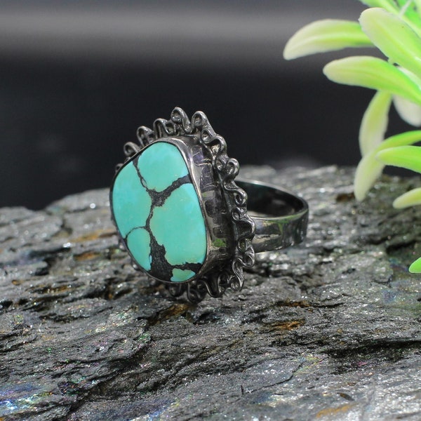 Silver Designer Black Ruthenium Tibetan Turquoise Ring for Women-Split Band Ring-Sterling Silver Ring-Gemstone Ring-Wedding Gift-Boho Ring