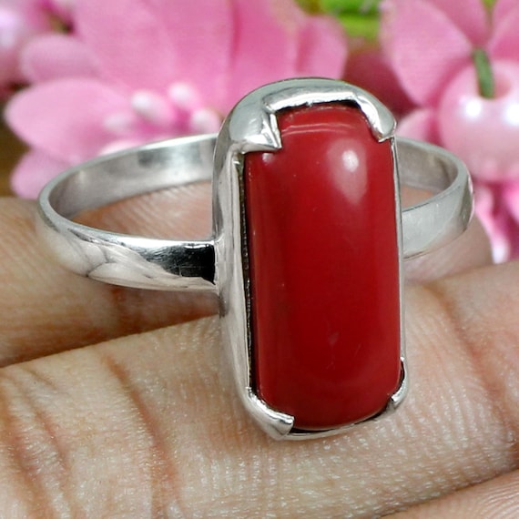 Oval Red Coral Sterling Silver Ring (Design AC19) | GemPundit