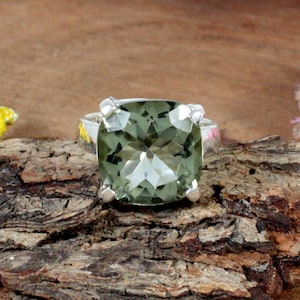 Green Amethyst Ring, 925 Sterling Silver Ring, Gemstone Ring, Handmade Ring, Cushion Shape, Statement Ring, Flat Band, Gift For Her
