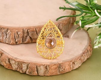 Pink Amethyst Gold Plated 925 Sterling Silver Ring, Teardrop Handmade Wire-Wrap Jewelry, Boho Artisan Gift for Her