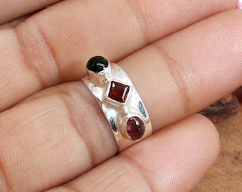 Tourmaline & Garnet Gemstone Ring, 925 Sterling Silver Ring, Tourmaline Silver Ring, Garnet Silver Ring, Wide Band Silver Ring, Gift For Her