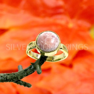 Rhodochrosit Ring: 10 mm Rund Rosa Edelstein, Sterling Silber vergoldet