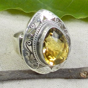 Citrine Ring, Pear Citrine Ring, Wide Band, Band Ring, Designer Ring, Big Ring, Wedding Ring, 925 Silver Ring, Yellow Citrine Ring