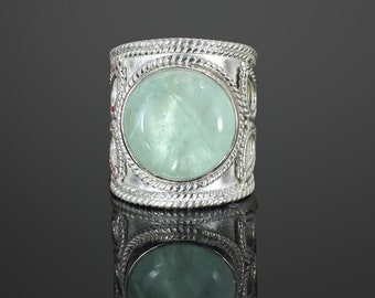 Handmade Sterling Silver Wide Band Ring: Natural Prehnite Gemstone
