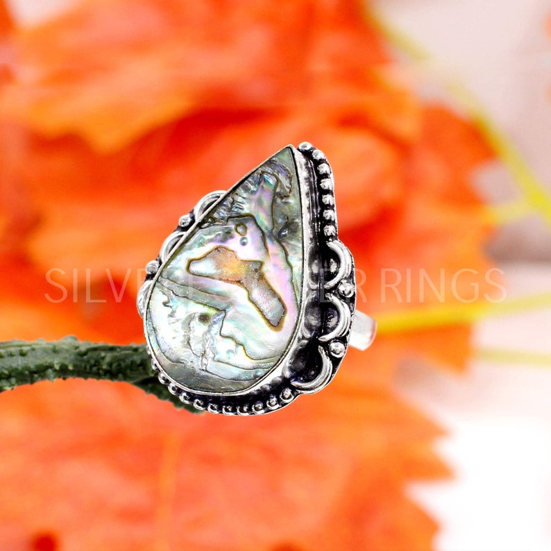 Silver Designer Ring Oxidized Sterling Silver Ring Pear Abalone Shell Ring Handmade Gemstone Ring -Gift for Her Christmas Gifts