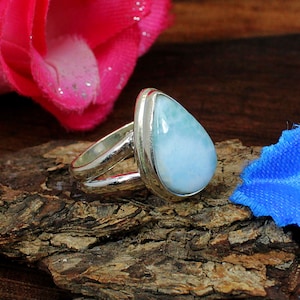 Split Band Larimar Ring-925 Sterling Silver-Natural Larimar Ring-Pear Stone Ring-Handmade Ring-Genuine Larimar-Bezel Ring-Boho Ring-Designer