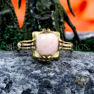 Pink Opal Sterling Silver Ring - 8mm Round Gemstone, Boho Jewelry
