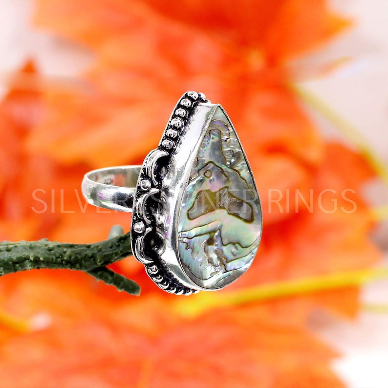 Silver Designer Ring Oxidized Sterling Silver Ring Pear Abalone Shell Ring Handmade Gemstone Ring -Gift for Her Christmas Gifts