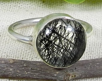 Handmade Black Rutile Quartz Ring: Round Sterling Silver Unisex Ring