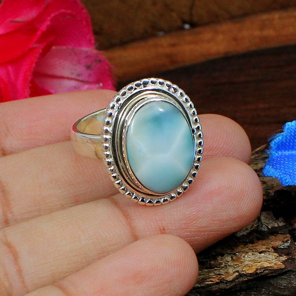 Genuine Larimar Ring-925 Sterling Silver-Larimar Ring-Healing Crystals-Gemstone Rings-Oval Larimar Ring-Blue Stone Ring-Handmade Silver Ring