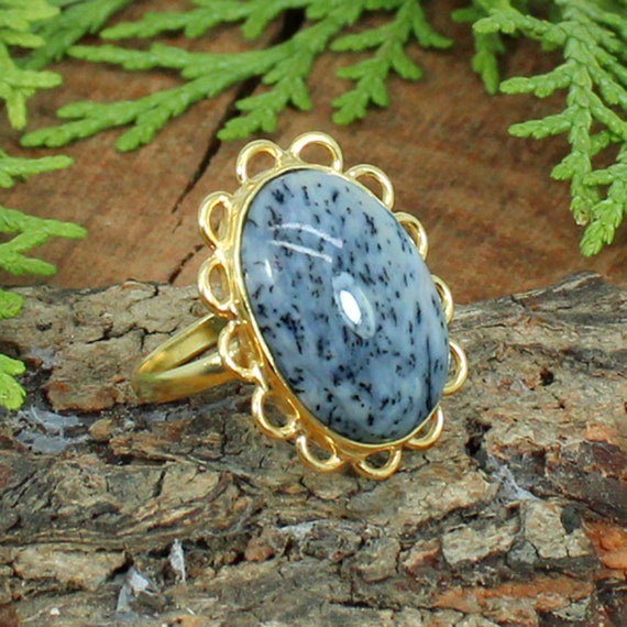 Gold Plated Dendritic Opal Ring Opal Jewelry Oval Ring Gold