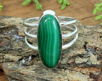 Malachite Gemstone Ring, 925 Sterling Silver, Triple Band Bezel Ring, April Birthstone, Solitaire Ring, Women Jewelry, Gift For Her