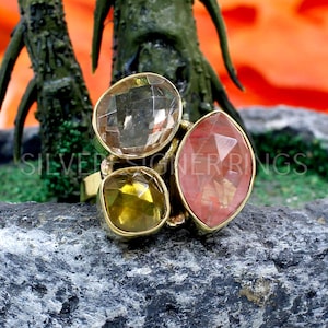 Three Stone Sterling Silver Ring: Cherry, Citrine & Champagne Glass