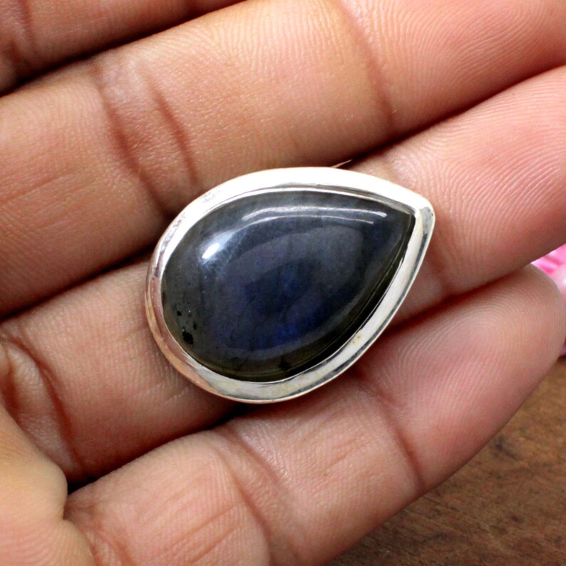 Gypsy,Dainty Ring Blue Fire Pear Silver Ring Statement Pear Labradorite Gemstone Labradorite Ring 925 sterling Silver Adjustable Band