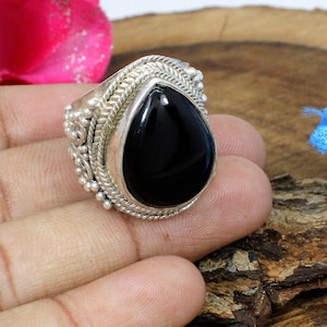 Sterling Silver Black Onyx Ring: Teardrop Solitaire, Adjustable
