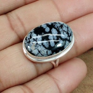 Snowflake Obsidian Ring, Genuine Gemstone, Obsidian Ring, Oval Ring, Sterling Silver Ring, Split Band,Handmade Ring, Snowflake Gemstone Ring