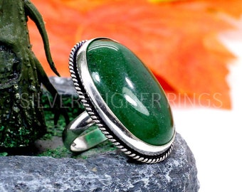 Groene Jade Ring - Geoxideerde Sterling Zilveren Ring - Grote Stenen Ring - Ovale Ring - Zilveren Designer Ring - Boho - Verjaardagscadeaus - Groene Ring