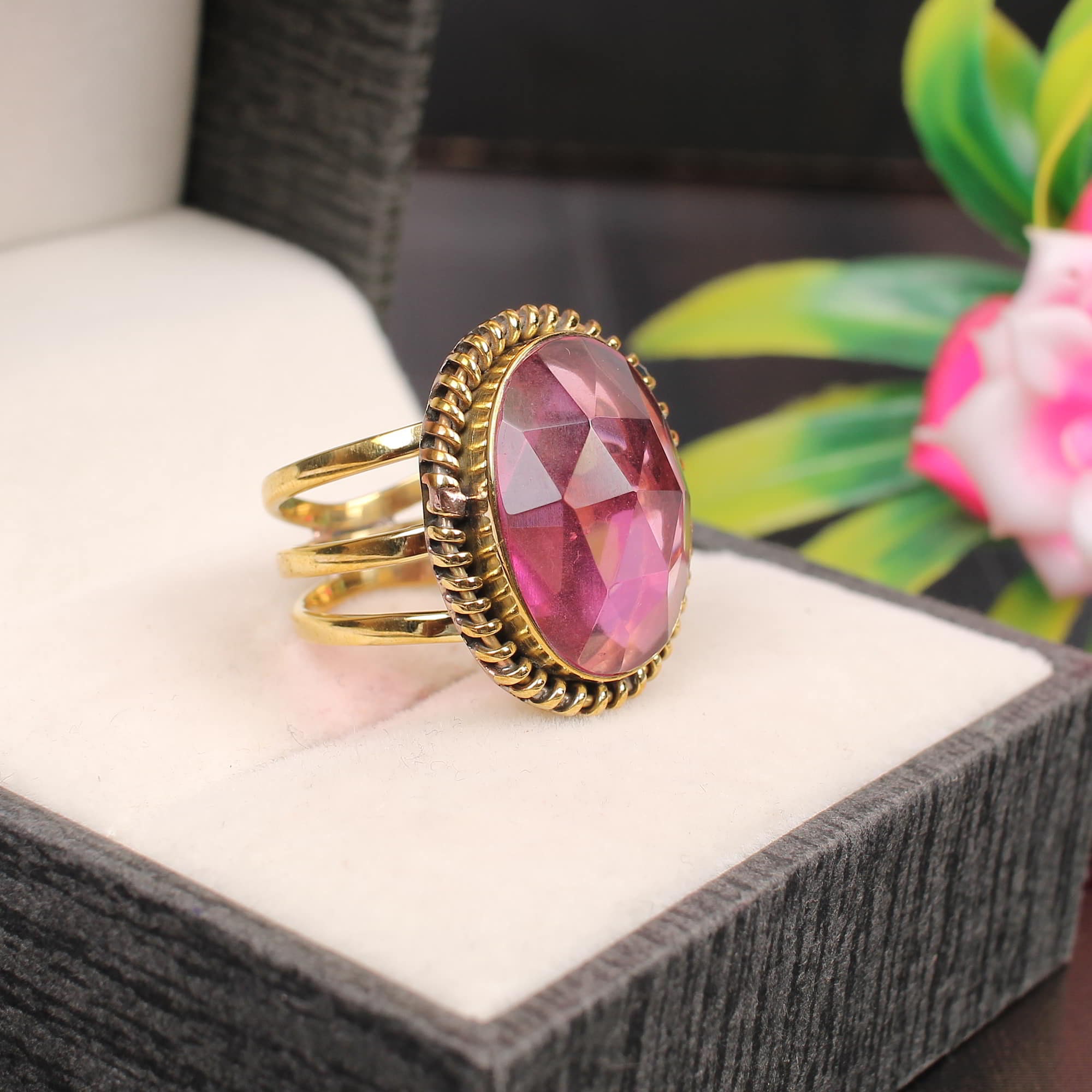 Triple Band Pink Tourmaline Ring Gold Plated Sterling Silver Ring