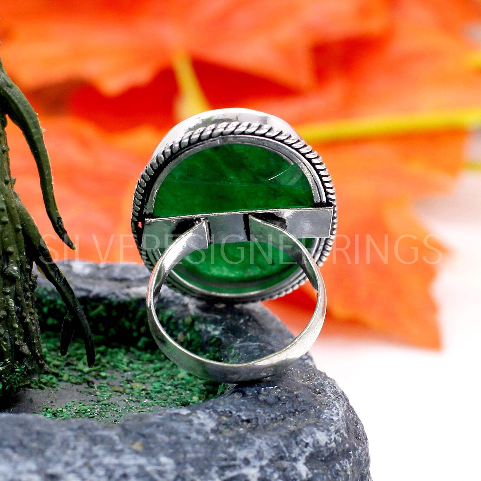 Green Jade Ring Oxidized Sterling Silver Ring Large Stone Etsy