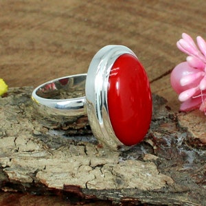 Oval Red Coral Gemstone Solid 925 Sterling Silver Bezel Set Ring- Men Women Ring- Simple Ring- Red Stone- Engagement Gifts for Her- Rings