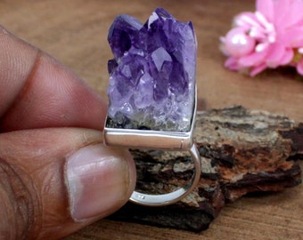 Amethyst Rock Druzy Ring, 925 Sterling Silber, handgemacht