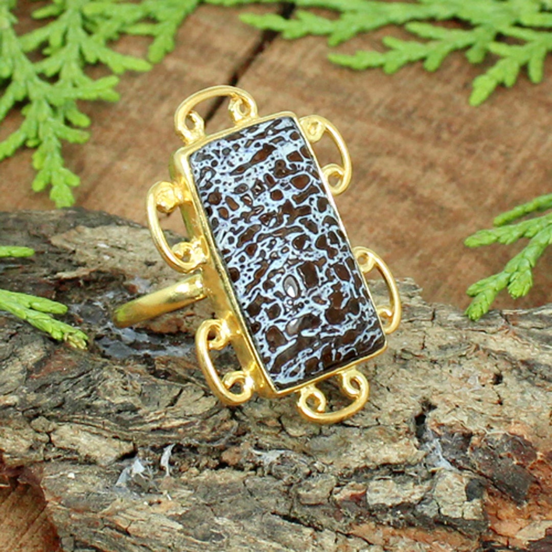 Dinosaur Bone Ring, Sterling Silver Ring, Natural Gemstone, Rectangle ...