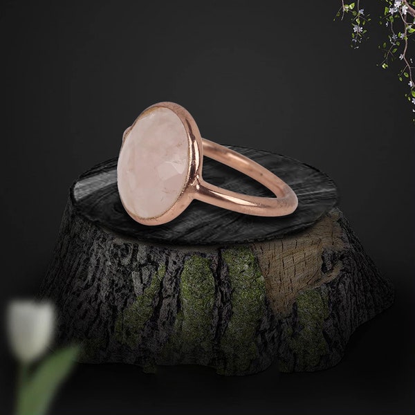 Rose Quartz Ring, 18 K Rose Gold Plated, 925 Sterling Silver, Love Ring,Round Stone, Gemstone Ring, Pink Ring, Pink Quartz Ring, Simple Ring