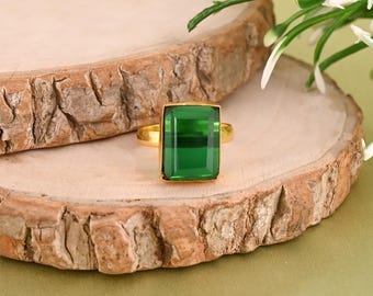 Green Onyx Hydro Ring 925 Sterling Silver, Gold Plated Emerald Cut Ring, Statement Gemstone Jewelry