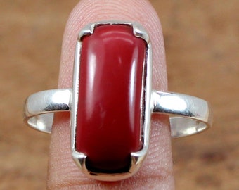 Handmade Red Coral 925 Sterling Silver Ring, Boho Stacking Ring
