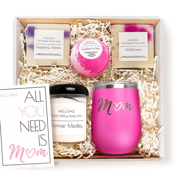 Mother's Day Mom Gifts Set Wine Tumbler, Bathbomb, 2x Scented Soap