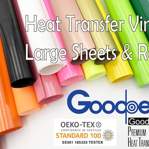 May include: A variety of colors of heat transfer vinyl in rolls. The vinyl is labeled "Good Peel" and "Premium Heat Transfer Vinyl". The label also includes the Oeko-Tex Standard 100 certification.