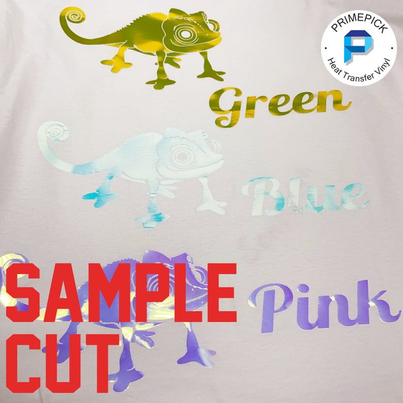 Pu&ograve; includere: Tre sagome di camaleonte tagliate da vinile termoadesivo in verde, blu e rosa. Il testo "SAMPLE CUT" &egrave; in lettere rosse sopra il camaleonte rosa. Il testo "Green" &egrave; in lettere gialle sopra il camaleonte verde. Il testo "Blue" &egrave; in lettere blu chiaro sopra il camaleonte blu. Il testo "Pink" &egrave; in lettere viola sotto il camaleonte rosa.