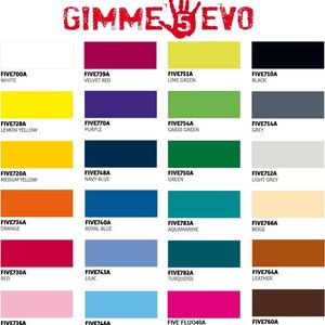 May include: A color chart with 24 different paint colors, each with a name and a corresponding color swatch. The colors include white, velvet red, lime green, lemon yellow, purple, grass green, medium yellow, navy blue, orange, royal blue, red, lilac, turquoise, beige, pink, sky blue, neon pink, brown, black, grey, green, light grey, aquamarine, and leather.