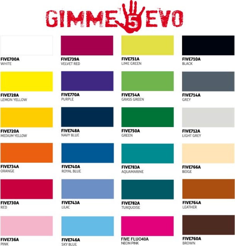 May include: A color chart with 24 different paint colors, each with a name and a corresponding color swatch. The colors include white, velvet red, lime green, lemon yellow, purple, grass green, medium yellow, navy blue, orange, royal blue, red, lilac, turquoise, beige, pink, sky blue, neon pink, brown, black, grey, green, light grey, aquamarine, and leather.