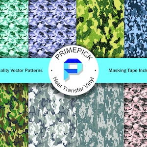 May include: Eight different camouflage patterns in various colors, including green, blue, gray, and pink. The patterns are arranged in a grid with the text "PRIME PICK Heat Transfer Vinyl" and "High Quality Vector Patterns" and "Masking Tape Included" in the center.