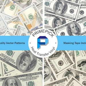 Może przedstawiać: Kolaż obrazów z niebieskim i białym tłem z tekstem "High Quality Vector Patterns" i "Masking Tape Included". W centrum obrazu znajduje się białe koło z niebieskim "P" w środku i tekstem "PRIMEPICK Heat Transfer Vinyl". Tło obrazu to wzór banknotów 100 $ US.
