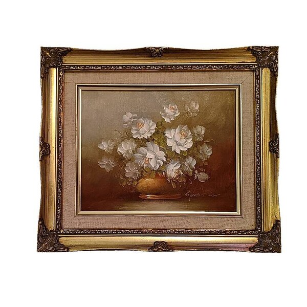 Vintage Floral Oil Painting Still Life Original by Robert Cox / Original Gold Framed Oil Painting