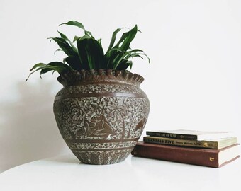 Large Vintage Copper Planter, Vintage Indoor Copper Plant Pot with Patina