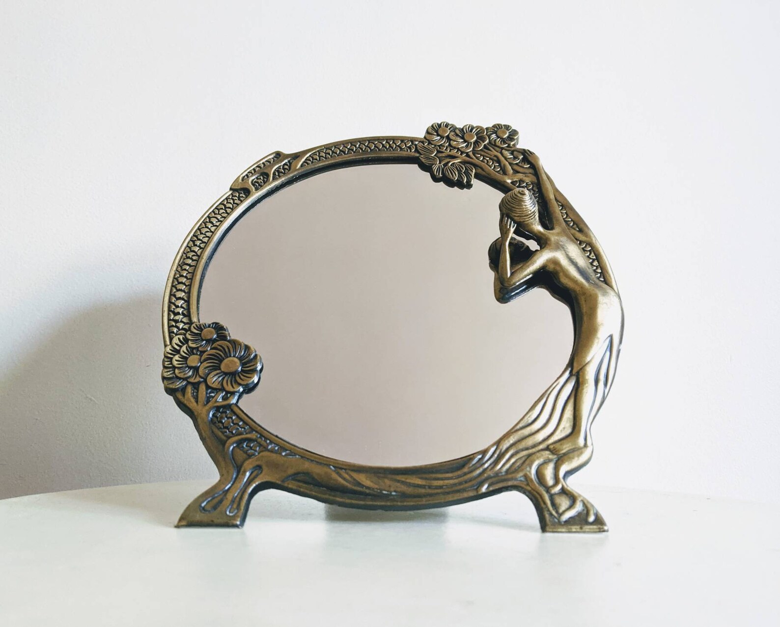 Vintage Mirror Art Nouveau Lady Mirror / Round Brass Framed Etsy
