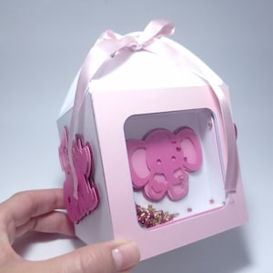 Pudełko Shaker SVG Słoń to dziewczynaSzablon Baby Shower Płeć ujawnia Cricut Cięcie Pudełko upominkowe pliku SVG Silohuette Kamea Laserowo wycinane