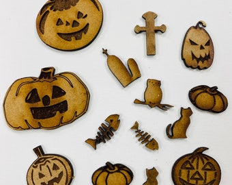 Zestaw mieszanych, drewnianych, mdf-owych, rzemieślniczych, kształtów na Halloween, 14 kształtów, ozdoby na kartki