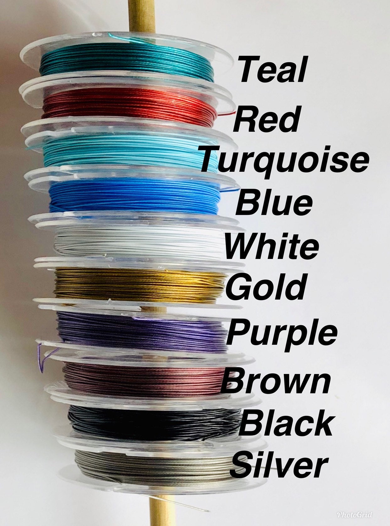 Tigertail beading wire, diameter 0.38mm, 10 colours of 10m spools.