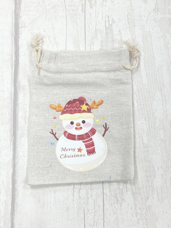 Snowman Christmas Linen Gift Bag: Jute Drawstring Favor Bag