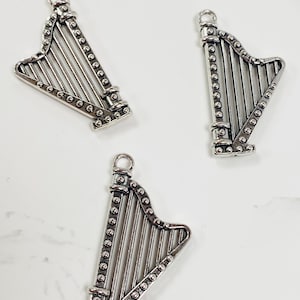 3pcs Silver Harp Pendant Charm, 40mm x 20mm, music themed, musical instrument charm, jewellery making, statement pendant, string harp charm