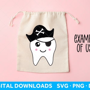 May include: A white tooth with a black pirate hat and eye patch. The tooth has a pink blush and a happy expression. The text "EXAMPLE OF USE" is in black text on a pink background.