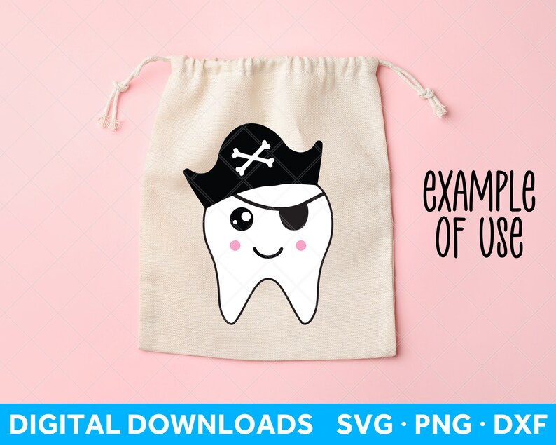 May include: A white tooth with a black pirate hat and eye patch. The tooth has a pink blush and a happy expression. The text "EXAMPLE OF USE" is in black text on a pink background.